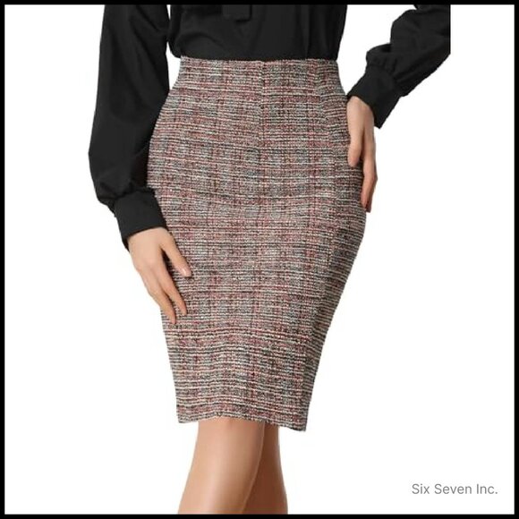 Tweed Pencil Skirt High Waist Split Hem Bodycon Office Work Chic Classic - Picture 2 of 6